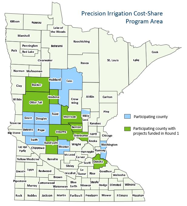 Project area map for the Irrigation RCPP cost share program. Counties included: Becker, Hubbard, Cass, Otter Tail, Wadena, Grant, Douglas, Todd, Morrison, a northern portion of Mille Lacs, Stevens, Pope, Stearns, Benton, Sherburne, Swift, Kandiyohi, Meeker, Washington, and Dakota. Counties with projects funded in Round 1: Becker, Otter Tail, Wadena, Morrison, Stearns, Benton, Sherburne, Kandiyohi, and Dakota.