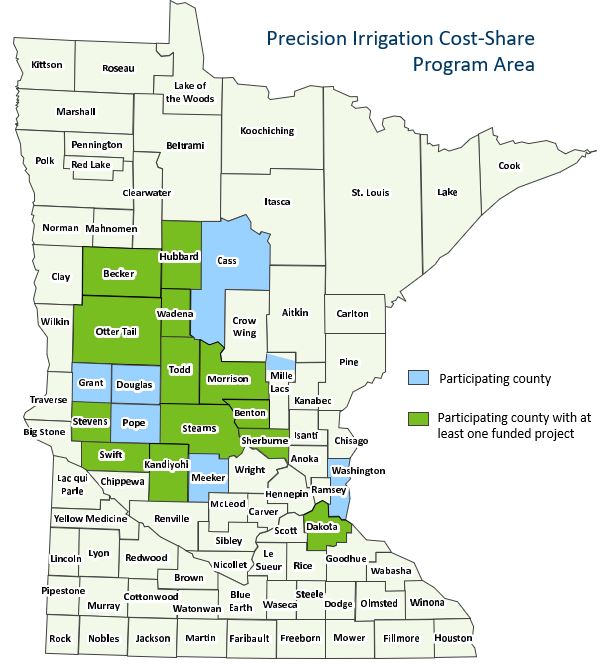 Project area map for the Irrigation RCPP cost share program. Counties included: Becker, Hubbard, Cass, Otter Tail, Wadena, Grant, Douglas, Todd, Morrison, a northern portion of Mille Lacs, Stevens, Pope, Stearns, Benton, Sherburne, Swift, Kandiyohi, Meeker, Washington, and Dakota. Five counties did not have funded projects: Cass, Douglas, Grant, Meeker, Mille Lacs, Pope, and Washington.