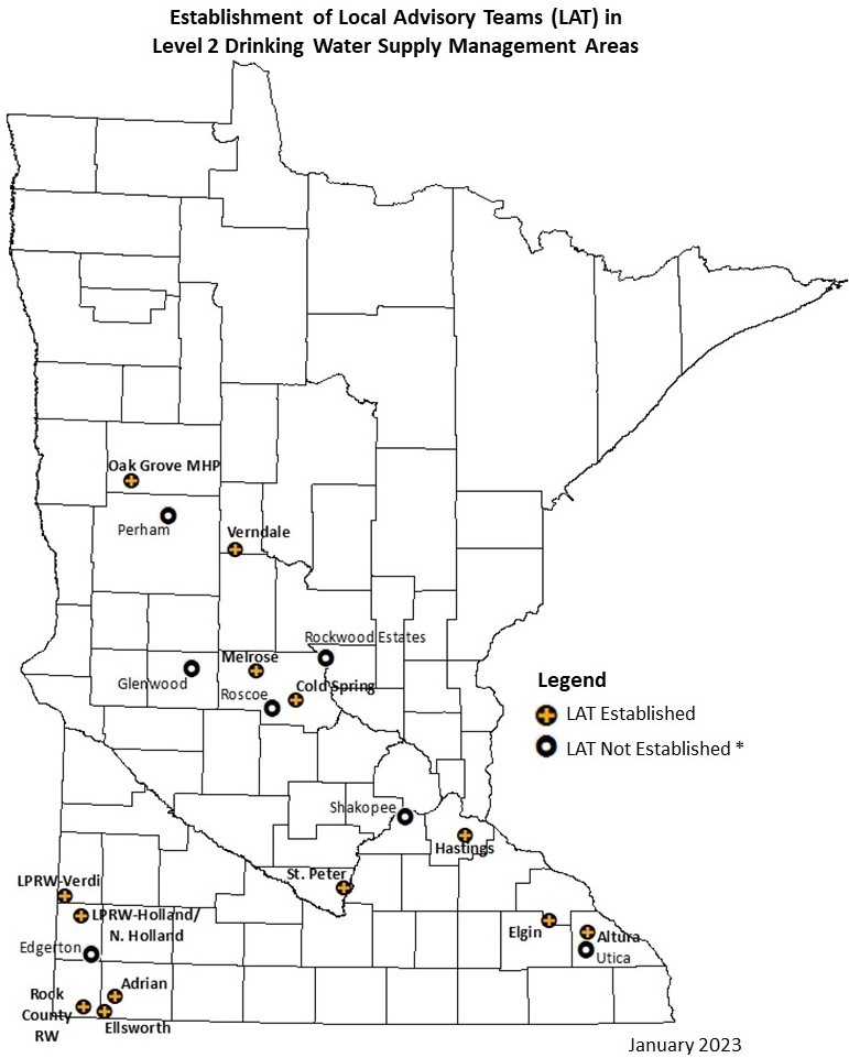 Map of Minnesota illustrating the location of established and not yet established Local Advisory Teams. There are 13 established teams and 7 teams not yet established.