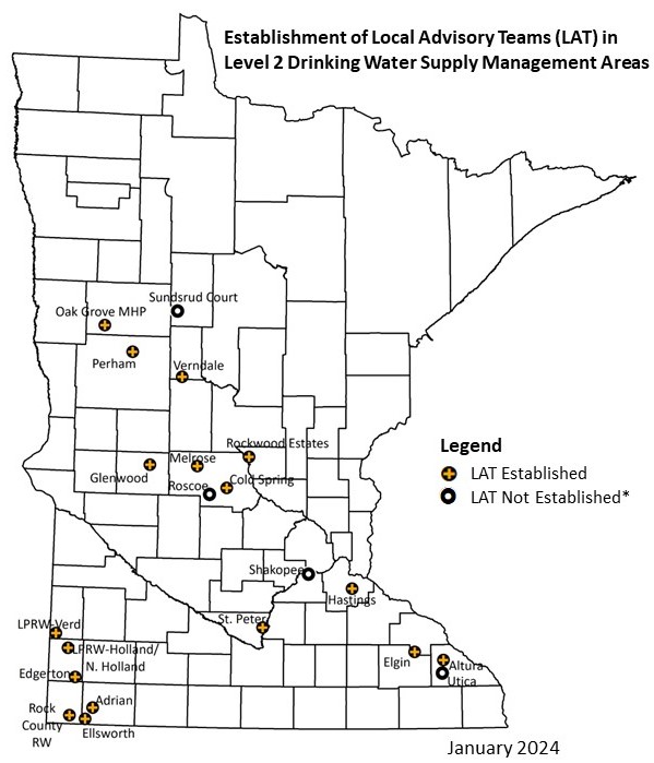 Map of Minnesota illustrating the location of established and not yet established Local Advisory Teams. There are 17 established teams and 4 teams not yet established.