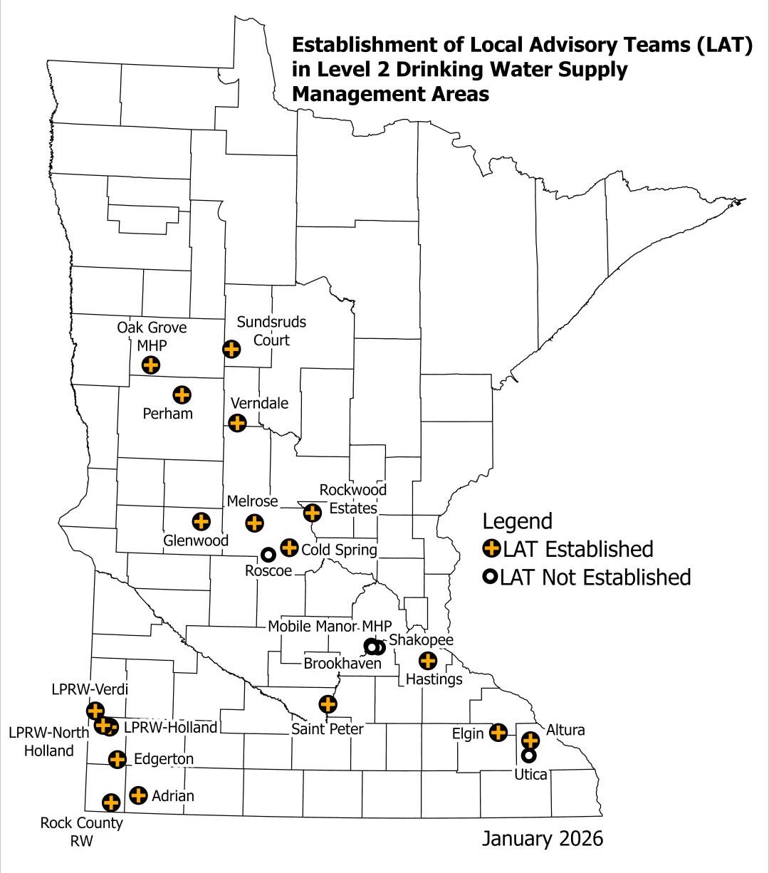 Map of Minnesota illustrating the location of established and not yet established Local Advisory Teams. There are 18 established teams and 4 teams not yet established.