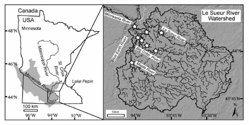 Map showing the location of the Le Sueur River watershed