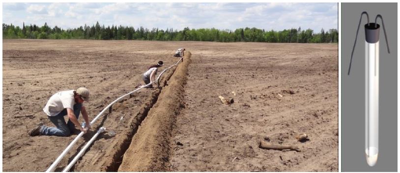 Bare field with a narrow trench. Three people a crouched over the trench installing a line of lysimeters. 