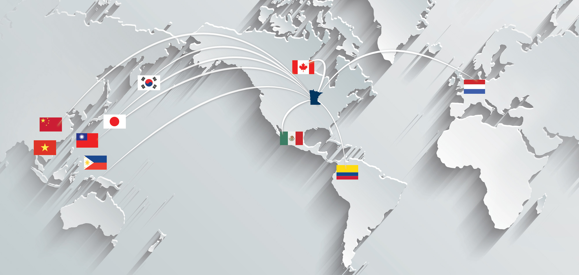 World map illustrating Minnesota agricultural export connections to international markets.