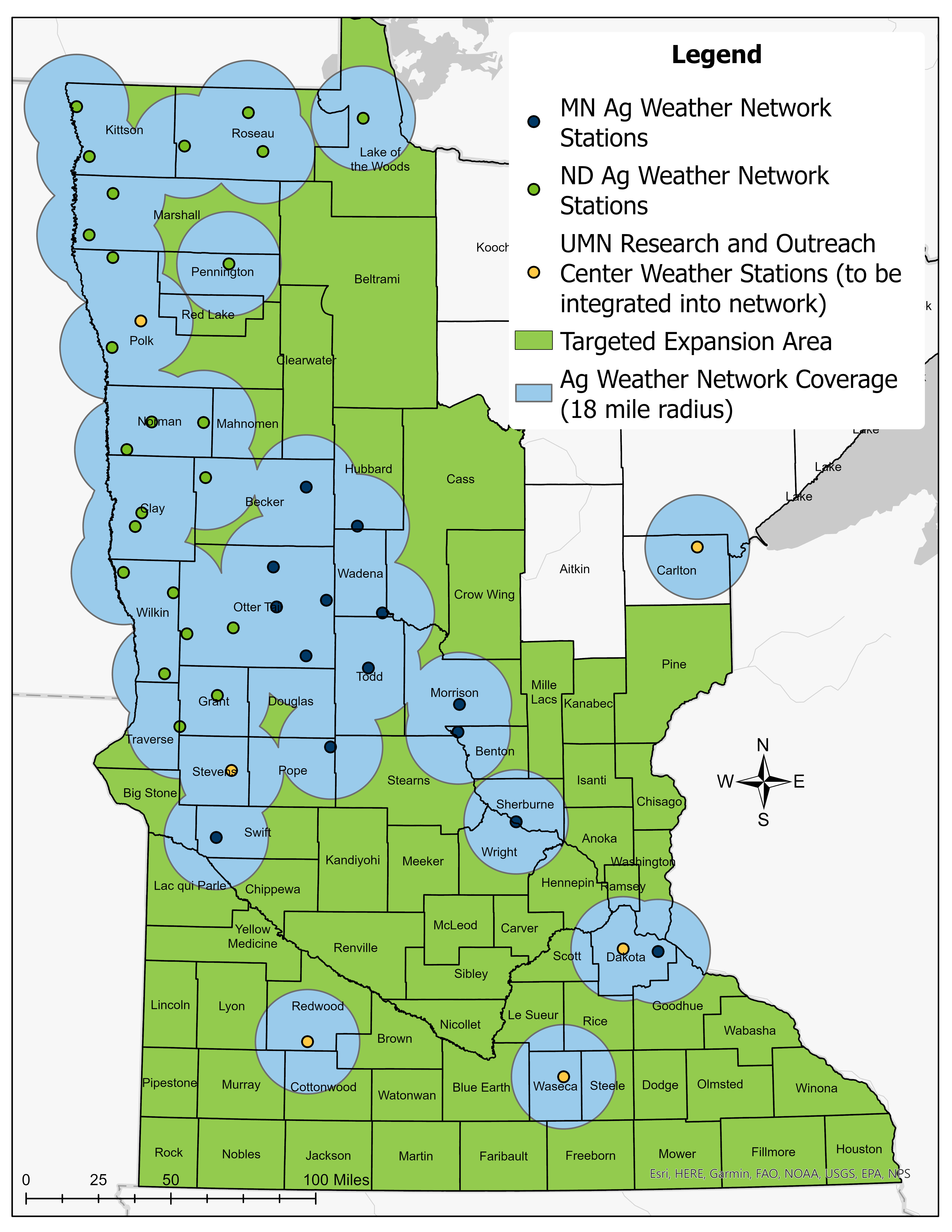 Map of the existing weather stations in Minnesota as part of the Minnesota Ag Weather Network (14), the North Dakota Ag Weather Network (24) and the University of Minnesota Research and Outreach Centers (6). The planned expansion area is also included, this includes all but the counties in Northeast Minnesota.