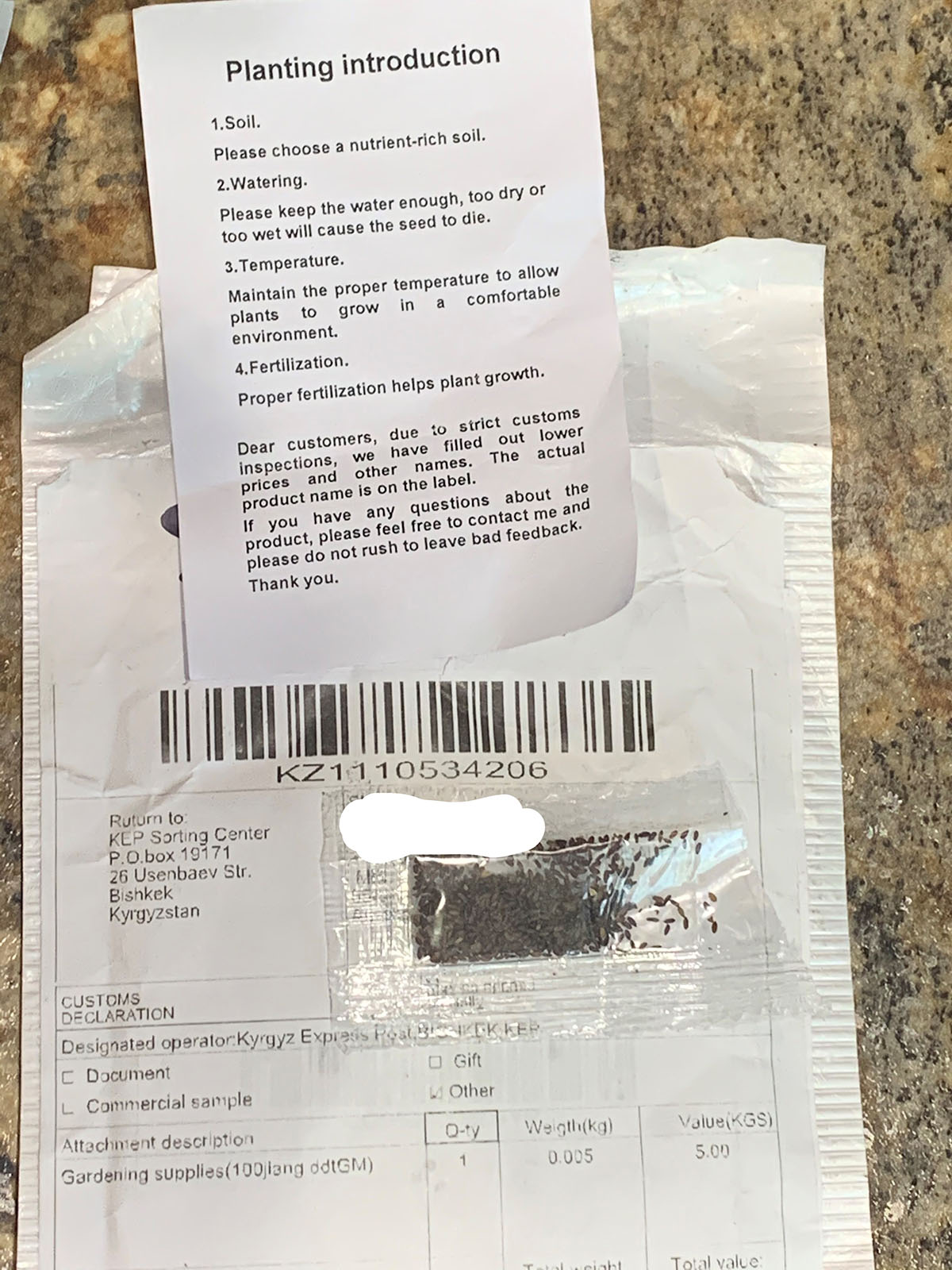 An unsolicited package of seeds sent to a Minnesotan with planting instructions.