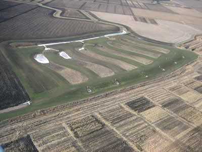 Aerial view of nutrient retention basins at the Southwest Research and Outreach Center in Lamberton, Minnesota