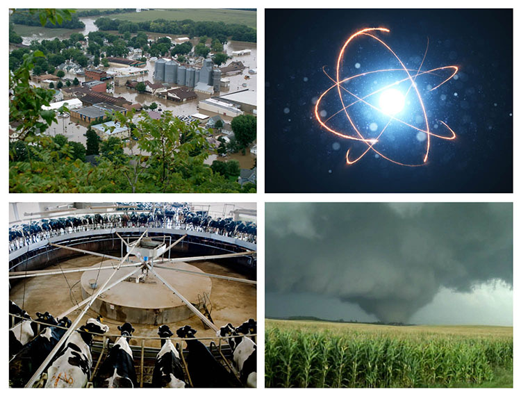 Photo compilation of agricultural disasters: tornado, flood, dairy cows, and nuclear energy.
