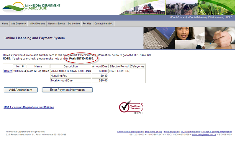 Online Licensing & Payment System webpage screenshot