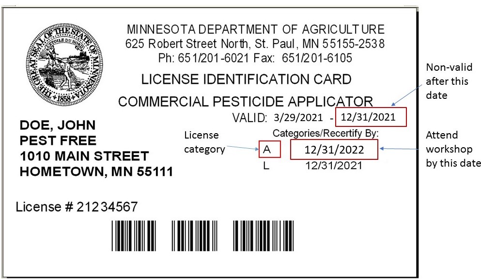 An example of a commercial pesticide applicator license identification card. The card is highlighted to show the License Category, the date at which the card is no longer valid, and also the date to recertify by.