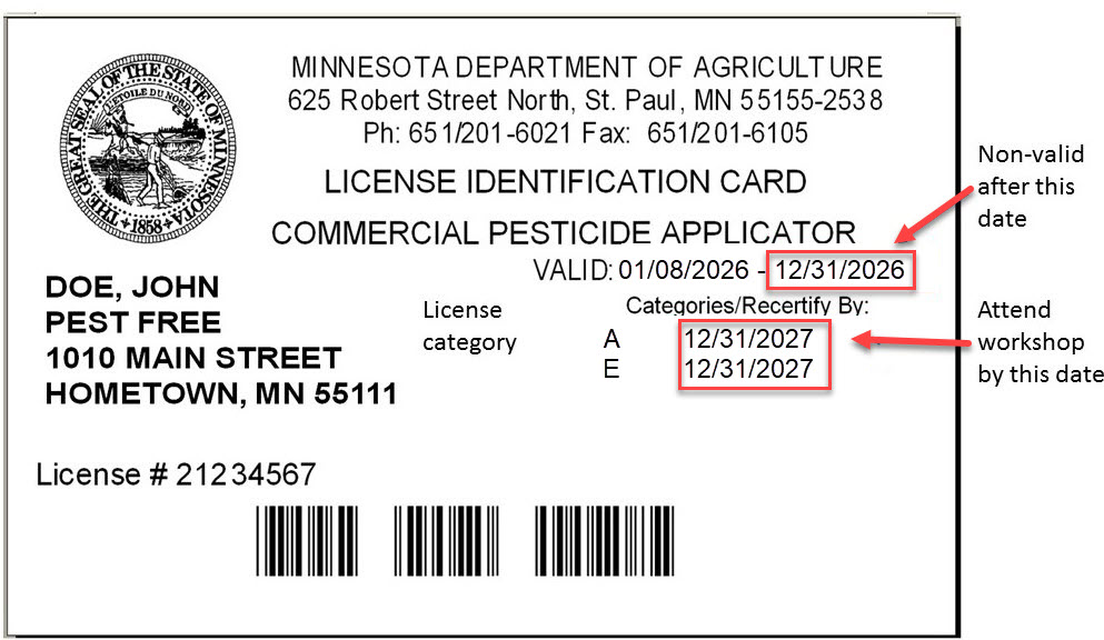 An example of a commercial pesticide applicator license identification card. The card is highlighted to show the License Category, the date at which the card is no longer valid, and also the date to recertify by.