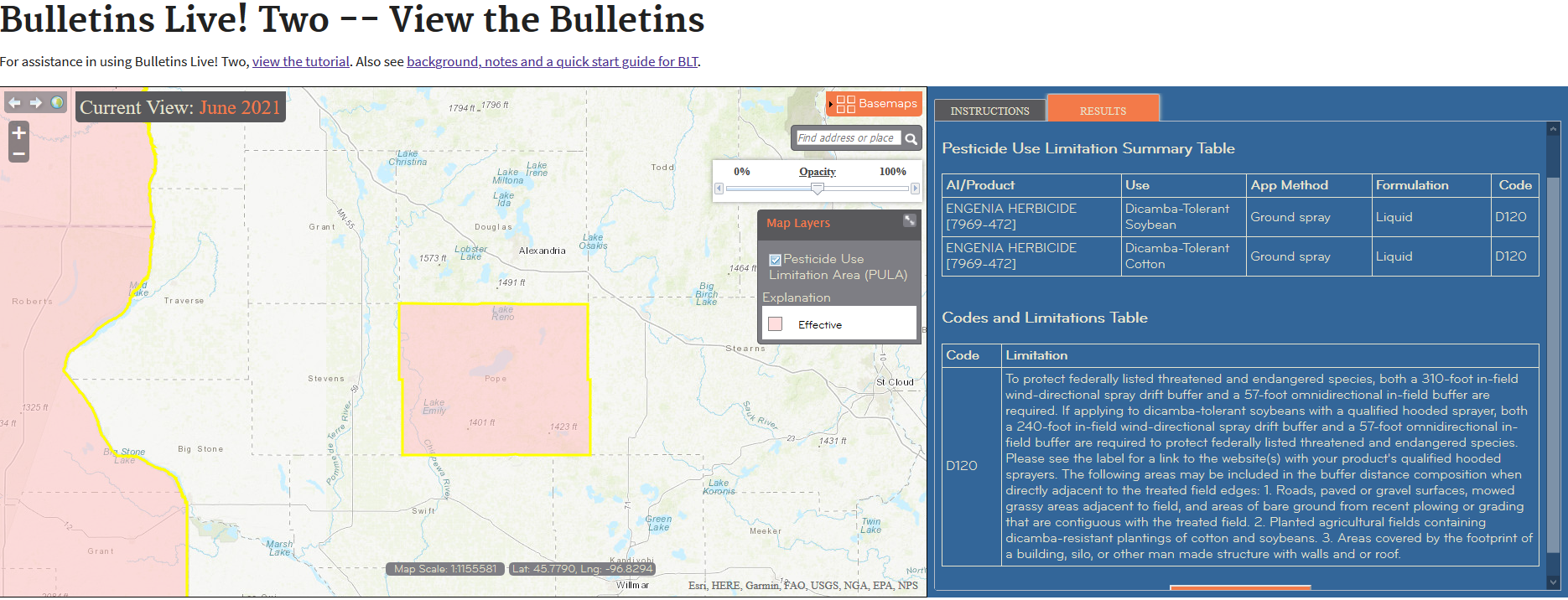 An example of the map and information provided by the EPA's Bulletins Live! Two site.
