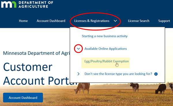 MDA Customer Account Portal showing "Licenses & Registrations" circled, "Available Online Applications" selected, and "Egg/Poultry/Rabbit Exemption" highlighted