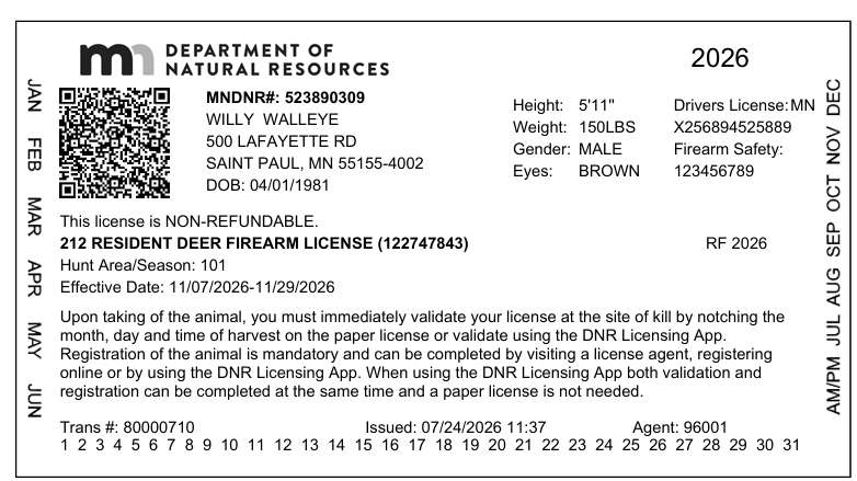 Minnesota deer license paper validation form with instructions on how to validate and register the harvest of the animal.