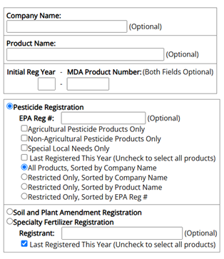 Screenshot shows the following boxes checked, "Pesticide Registration", "All Products, Sorted by Company Name", and "Last Registered This Year (Uncheck to select all products)."
