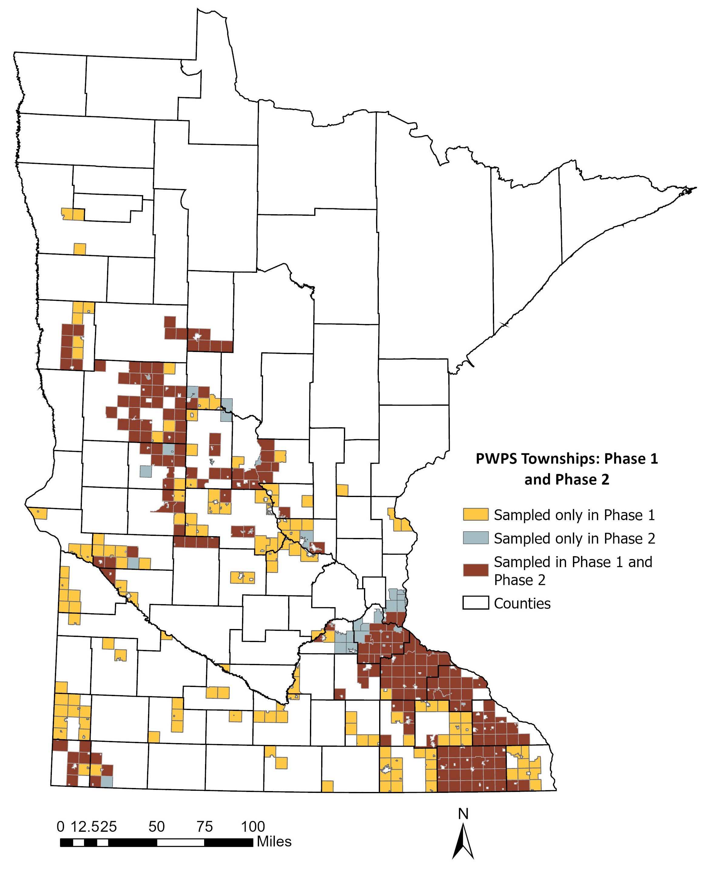 Map illustrating the townships that have been sampled in Phase 1, Phase 2, and both phases.