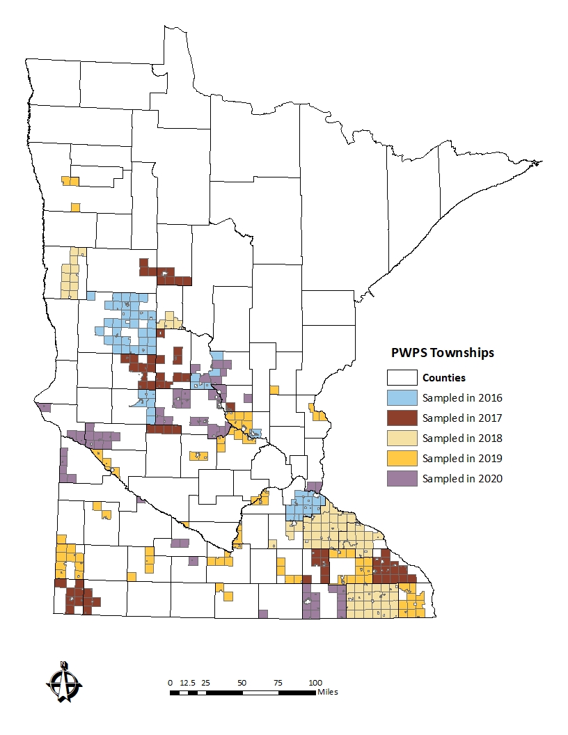 Map of Minnesota illustrating the townships monitored in 2014-2020.