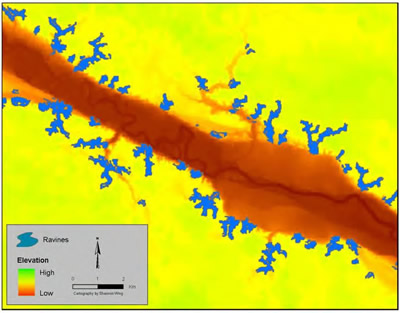 Snapshot of ravines identified with 30-meter terrain attributes in the Minnesota River Basin