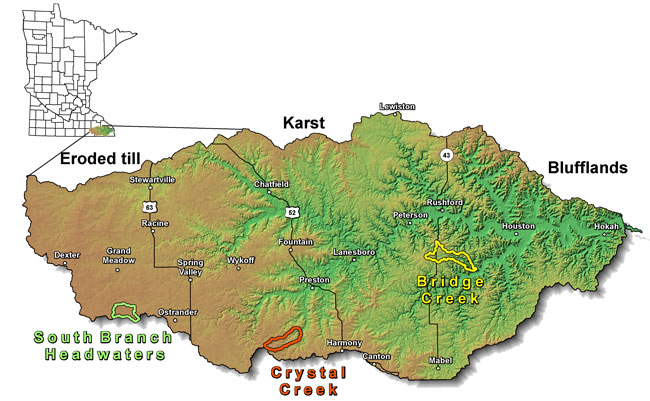 Map of the Root River watershed and the project study area in Southeast Minnesota.