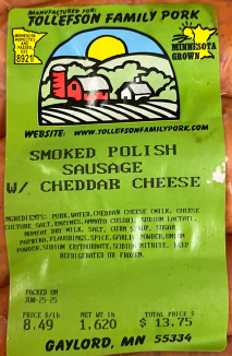 Label for package of Tollefson Family Pork Smokes Polish Sausage w/Cheddar Cheese.