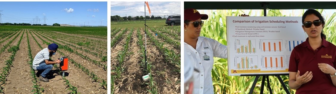 Images,of a person in a farm field checking a sensor, and two people presenting outdoors under a tent at a field day event.wa