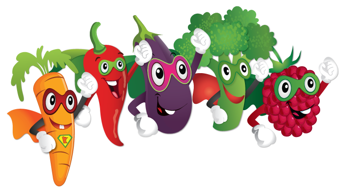 Super veggies caricature with carrot, pepper, eggplant, broccoli, and raspberry
