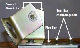 Swivel bracket with flat bar and tool bar mounting bolt labeled.