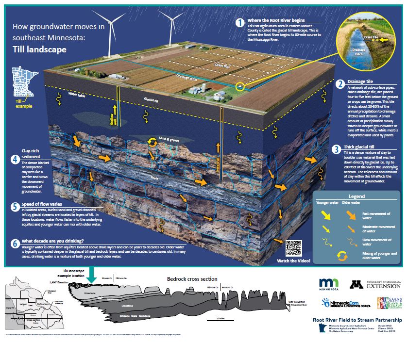 Cross section of the soil and bedrock formations characteristic of the glacial till region in southeast Minnesota. Text and arrows indicate and describe the water movement at the surface and through the layers of rock below. The poster is a summary of the movement described in the till landscape video. https://www.youtube.com/watch?v=AuS9lzeQZ04&list=PL8pqzQfMH1BjF1ZiiWkowKbBNeTCdKOg9&index=4&t=4s. 