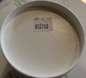 Photo showing lot code 052763-27 for container of Toasted Coconut Non-Dairy Frozen Dessert.