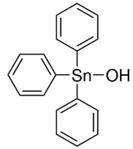 Diagram of the chemical structure for triphenyltin hydroxide.