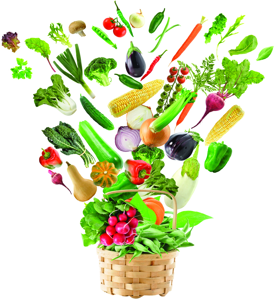 basket with colorful vegetables flying out