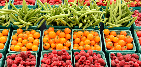 Market display of fresh fruits and vegetables