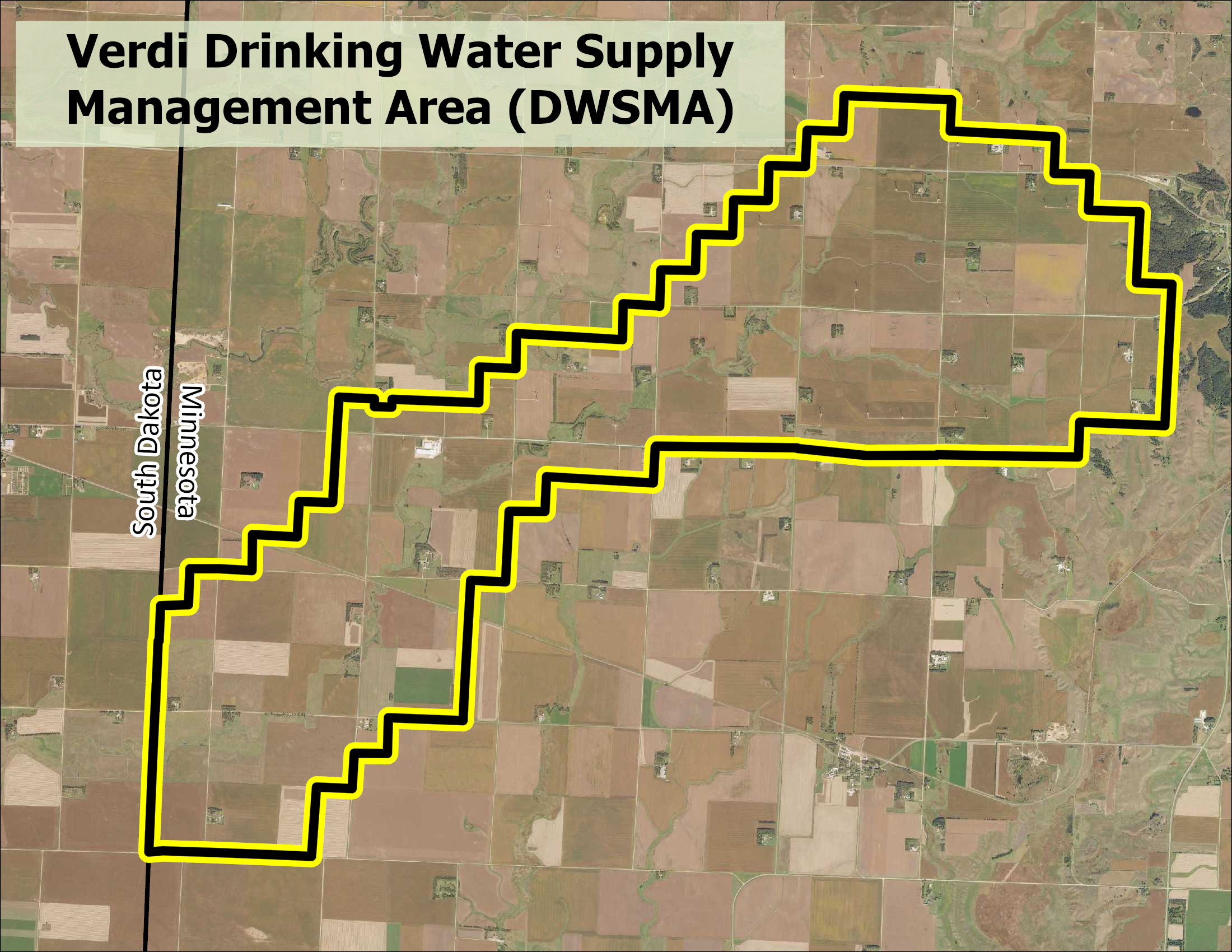 Aerial map of the Lincoln Rural Water-Verdi Drinking Water Supply Management Area with the South Dakota and Minnesota state boundary.