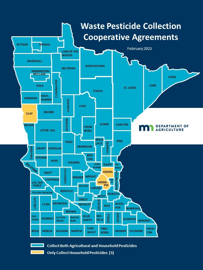 Map of Minnesota illustrating the type of waste pesticide collected in each county. Anoka, Hennepin, and Clay counties only accept household pesticides. All other counties collect both agricultural and household pesticides.