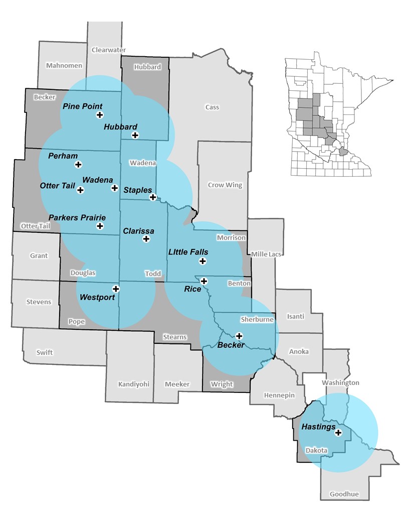 Map showing the locations of the 13 weather stations in the network. They are located in Pine Point, Hubbard, Perham, Wadena, Otter Tail, Parkers Prairie, Staples, Clarissa, Little Falls, Westport, Rice, Becker, and Hastings.