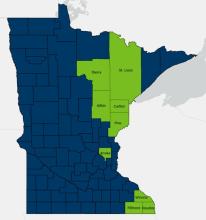 stat of Minnesota map with Itasca, St. Louis, Aitkin, Carlton, Pine, Anoka, Winona, Fillmore, and Houston counties all colored green 
